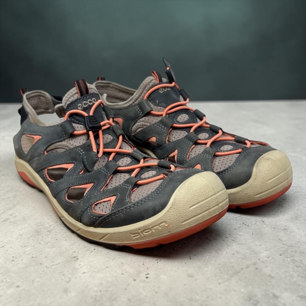 ECCO Biom Hiking Sandals Womens 40 Gray Coral Bungee Lace Outdoor Shoes